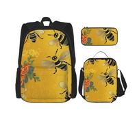 OUSIKA 3 Pcs Welcome Bees Print Backpack Sets Casual Daypack with Lunch Box Pencil Case for Women Men, Black