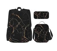 OUSIKA Black Gold Marble 3 Pcs Print Backpack Sets Casual Daypack with Lunch Box Pencil Case for Women Men