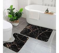 OUSIKA Black Gold Marble Bathroom Rugs Set 2 Piece Soft Absorbent Microfiber Bath Rug and U-Shaped Toilet Rug Non Slip Bath Mats for Bathroom Floor Mats