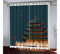 OUSIKA Black Out Curtains For Bedroom Uk Chinese Architectural Landscape Blackout Curtain 3D Super Soft Kids 78x78Inch 2Pcs Thermal Insulated Ring Top Eyelet Room Darkning Living Room
