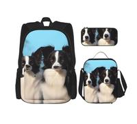 OUSIKA Border Collie 3 Pcs Print Backpack Sets Casual Daypack with Lunch Box Pencil Case for Women Men, Black