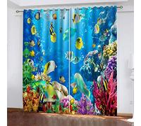 OUSIKA Children'S Blackout Curtains 3D Blue Underwater World Pattern Printed Noise Reduction And Thermal Insulation 98x78Inch Curtains Metal Eyelet Ring Top Window Drapes For Bedroom Living Room