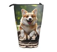 OUSIKA Corgi Dog Running on The Railroad Pencil Case Standing Cute Pencil Bag Telescopic Pencil Pouch Pop Up Pen Holder Makeup Bag for Women Men