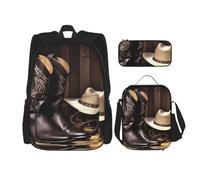 OUSIKA Cowboy Black Hat Western Boots 3 Pcs Print Backpack Sets Casual Daypack with Lunch Box Pencil Case for Women Men