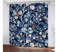 OUSIKA Curtains Eyelet Blue Plant Bird Print Pattern Blackout Room Darkening 62x78Inch Window Drapes For Living Room Bedroom 2 Panels Treatment Set Thermal Insulated Grommet Top