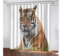 OUSIKA Curtains For Bedroom Eyelet Green Grass Animal Tiger Print Pattern Light Blocking Thermal Window Drapes For Kids 55x94Inch Drop 2 Panels Curtains 90% Blackout Room Darkening