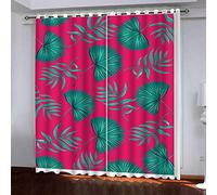 OUSIKA Curtains For Bedroom Eyelet Green Leaves And Pink Background Print Pattern Light Blocking Thermal Window Drapes For Kids 55x94Inch Drop 2 Panels Curtains 90% Blackout Room Darkening