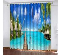 OUSIKA Curtains For Living Room Eyelet Blue Sky Island Sea View 2 Panels Set Blackout Curtain 110x62Inch Super Soft Thermal Insulated 3D Printed Window Treatment Drapes For Bedroom Home Nursery