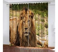 OUSIKA Curtains For Living Room Green Grassland Animal Lion 3D Blackout Treatments For Bedroom Drape 2 Panel Sets 110x102Inch Metallic Print Room Darkening Window Dining Home Office Grommet Top