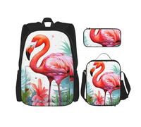 OUSIKA Flamingo Hand Painted Watercolor 3 Pcs Print Backpack Sets Casual Daypack with Lunch Box Pencil Case for Women Men, Black