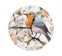 OUSIKA Floral Print Watercolor Robin Bird Print Design Wall Clock Non Ticking Clock 10 Inch Round Clocks Home Decor for Office Kitchen Clock Art