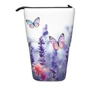 OUSIKA Lavender Flower Background with Butterflies Pencil Case Standing Cute Pencil Bag Telescopic Pencil Pouch Pop Up Pen Holder Makeup Bag for Women Men