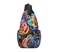 OUSIKA Multicolor Roses On Black Background Sling Bag Lightweight Chest Bag Crossbody Bag Shoulder Bag Sports Backpack For Women Men