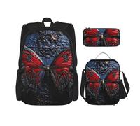 OUSIKA Red Butterfly 3 Pcs Print Backpack Sets Casual Daypack with Lunch Box Pencil Case for Women Men, Black, One Size