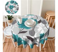 Ousika Teal Grey And White Floral Print Tablecloth Waterproof Round Table Cloth 60 In Wrinkle Free Dining Table Cover For Kitchen Tabletop Decoration