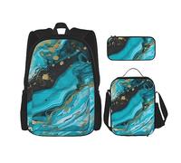 OUSIKA Turquoise Blue Gold Marble 3 Pcs Print Backpack Sets Casual Daypack with Lunch Box Pencil Case for Women Men