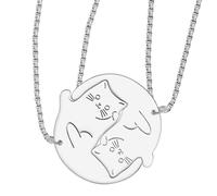 OUSIO 18K Gold And Silver Plated Adorable 2pcs Cat Couples Necklace Pets Matching Pendant Jewellry for Women Animals Lovers Charm Valentine's Day Gifts (Silver Plated)