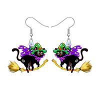 OUSIO Halloween Acrylic Adorable Wizard Cloak Magic Black Cat Earrings Flying Broom Kitten Pets Dangle Jewellry For Women Charm Festival Gifts (Purple)