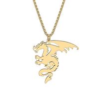 OUSIO Stainless Steel 18K Gold Silver Plated Fantasy Wing Dragon Necklace Pendant Mythical Animals Jewellry For Women Charms Holiday Gifts (Gold-Plated)