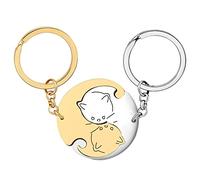 OUSIO Stainless Steel Cute 2pcs Matching Puzzle Cat Couples Keychain Pets Key Ring Valentine's Day Gifts for Girlfriend Women (Gold And Silver Plated)