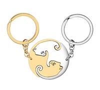 OUSIO Stainless Steel Cute 2pcs Matching Puzzle Cat Couples Keychain Pets Key Ring Valentine's Day Gifts for Girlfriend Women (18K Gold And Silver Plated)