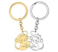 OUSIO Valentine's Day 18K Gold And Silver Plated Cute Monkey Keychain 2pcs Heart Match Key Ring for Women Couples Party Gifts (18K Gold And Silver Plated)