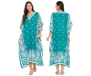 Oussum Gypsie Blu Paisley Print Kaftan for Women Polyester Caftan Dress Kimono Sleeve Plus Size Beach Maxi Dresses - green - One Size More