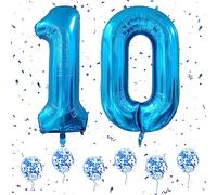 Ousuga Number 10 Balloons - Blue, 40 Inch Large Digital Helium Foil Mylar Birthday Balloons with 6Pcs Blue Confetti for 10th Boys Girls Birthday Anniversary Party Decorations