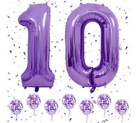 Ousuga Number 10 Balloons - Purple, 40 Inch Large Digital Helium Foil Mylar Birthday Balloons with 6Pcs Purple Confetti for 10th Boys/Girls Birthday/Anniversary Party Decorations