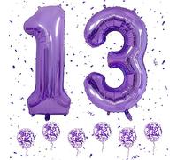 Ousuga Number 13 Balloons - Purple, 40 Inch Large Digital Helium Foil Mylar Birthday Balloons with 6Pcs Purple Confetti for 13th/31st Boys/Girls Birthday/Anniversary Party Decorations