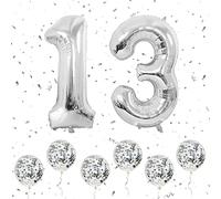 Ousuga Number 13 Balloons Silver, 40Inch Large Foil 1 & 3 with 6 Confetti Helium, 13th 31st Birthday Balloon for Girls Boys Party Romantic Occasions Anniversary Decorations