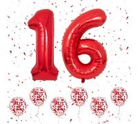 Ousuga Number 16 Balloons Red, 40Inch Large Foil Number 1 & 6 Balloons with 6 Red Confetti Helium Balloons, 1st 6th 16th Birthday Balloon for Party Romantic Occasions Anniversary decor