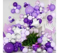 Ousuga Purple Balloon Arch Kit 144Pcs, Matte Dark Purple Metallic Silver Macaron Balloons Garland With Pentagram Confetti Birthday Party Decor Wedding Valentine Anniversary