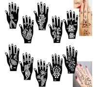 Ousuwo 10Pcs Tattoo Stencil Set - Reusable Palm Temporary Tattoo Stencils for Adults - DIY Body Art Painting Template for Hand Mehndi Designs, Parties, Festivals & Celebrations