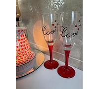 Out of the blue Champagne Glass with Hearts and Red Base Love Approx. 5 x 20 cm Set of 2 in Kraft Paper Packaging