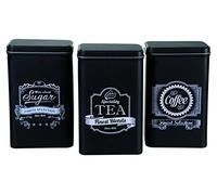 Out of the Blue Set Of 3 Black Rectangular Tin Finest Selection Coffee Tea Sugar, Alloy, 9x11x19 cm