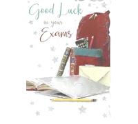 out of the blue Good Luck in Your Exams Card, Study Themed Design with Books and Backpack, Encouragement Card for Students