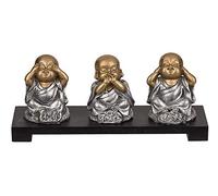 Out of the blue Polyresin figures on wooden bench, Buddha (see nothing evil, talk, hear) approx. 20 x 9 cm