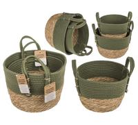 Out of the Blue Storage Basket with 2 Handles, Olive Green, Cotton & Seagrass, Set of 2, Approx. 18 x 25 cm, 20 x 30 cm, Single EAN (Stackable Inside)