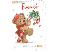 out of the blue Studios Fiancé Christmas Greeting Card, Cute Teddy Bear with Candy Cane Design, Foil Accents