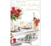 out of the blue Studios Golden Wedding Anniversary Card, Champagne and Roses Design, Elegant Gold Script, Heartfelt Verse