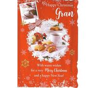out of the blue Studios Happy Christmas Gran Greeting Card, Festive Tea & Treats Design, Red Snowflake Theme