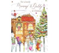 out of the blue Studios Mummy & Daddy Christmas Greeting Card, Santa's Grotto Winter Scene, Glitter and Foil Detail