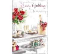 out of the blue Studios Ruby Wedding Anniversary Card, Champagne & Roses Design, Heartfelt Verse Inside