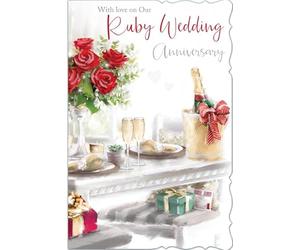 out of the blue Studios Ruby Wedding Anniversary Card, Champagne & Roses Design, Heartfelt Verse Inside