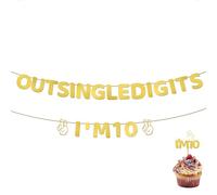 Out Single Digits I'm 10 Banner & Shiny I'm 10 Cake Topper, Happy 10th Birthday Decorations for Boys, Double Digits Gold Glitter Pre-Strung Garland Birthday Party Decoration Pack for Ten Year Old