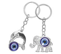 Outanaya 2pcs Turkish Blue Eye Keyring Set Elephant and Dolphin Animal Shaped Decorative Pendant Keychain for Bag and Wallet Charm