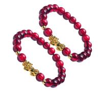 Outanaya 2Pcs Women Ethnic Bracelet 8Mm Garnet Mythical Beast Wrist Chain Vietnam Sand Gold Wine Red Lady Wrist Jewelry for Festival and Daily Wear