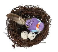 Outanaya Artificial Bird Nest with Small Birds and 2 Speckled Eggs Rattan Woven Birdhouse Prop for Garden Decor Ornament for Outdoor and Photography Use Random Color