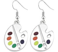 Outanaya Quirky Earrings Paint Plate Pendant Dangle Earrings, Alloy Silver Artist Jewellery for Graduation Birthday, Adorable School Accessory